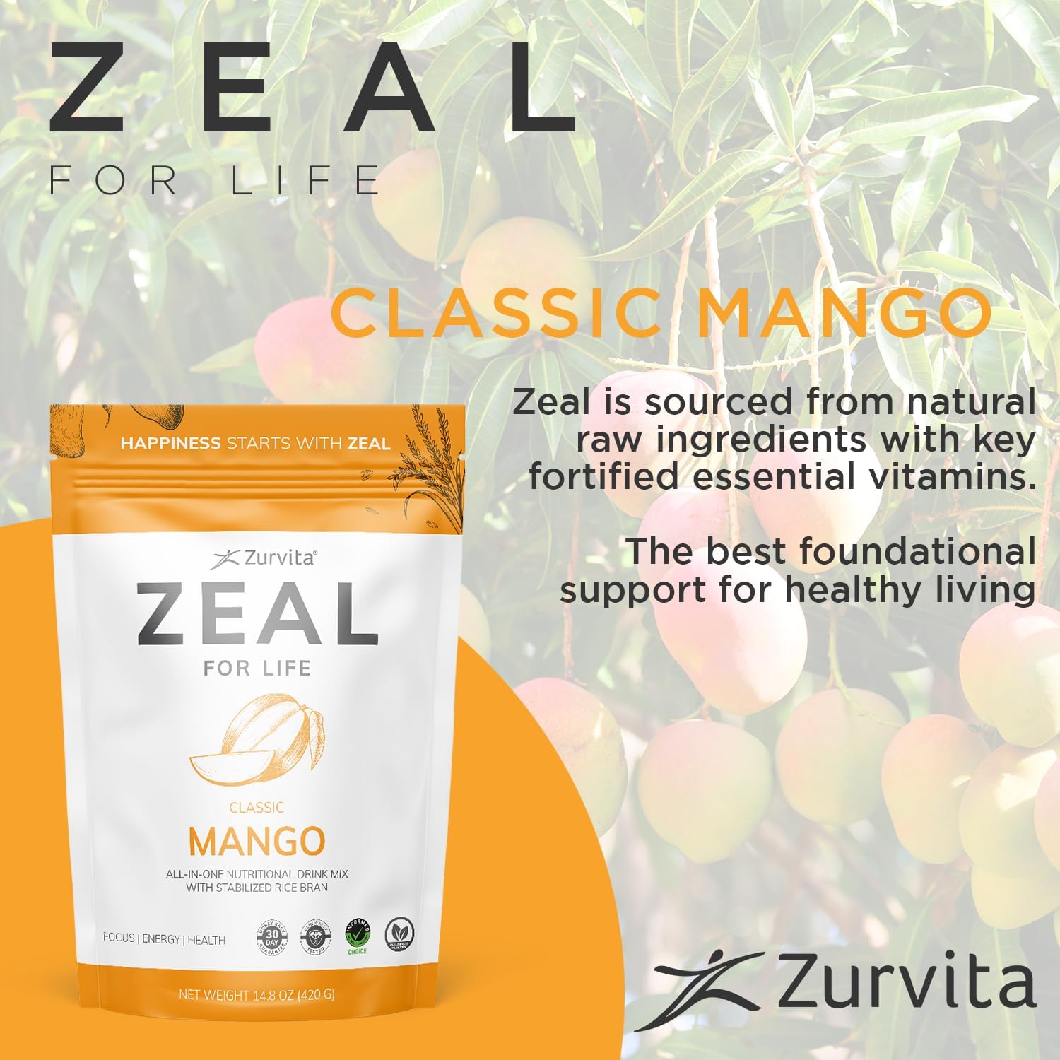 Zurvita Zeal for Life Wellness Drink Mix - Sabor Mango - Sin Gluten, Vegano, con Biotina, Vitaminas B12, C, D, E, Hierro, Magnesio - 30 Porciones (420g)