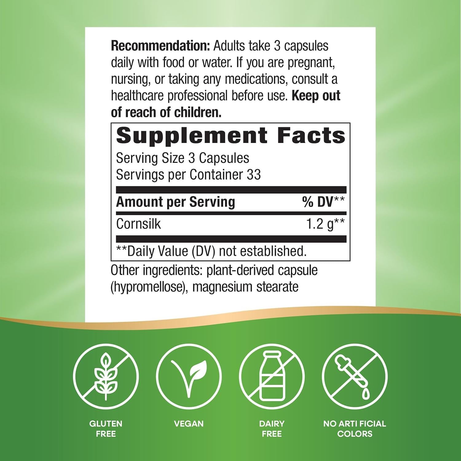 Nature's Way Corn Silk, 1200 mg per 3 Capsules, Traditional Support for Urinary Health, Vegan, Gluten-Free, 100 Capsules