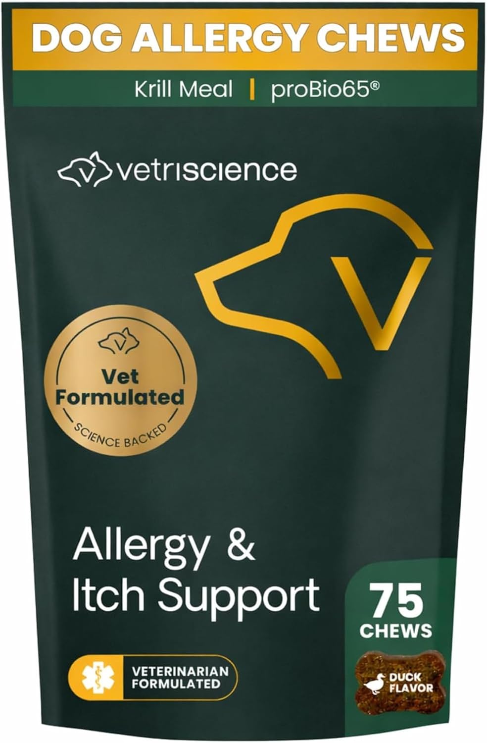 VetriScience Allergy Plus - Suplemento para Alergias e Inmunidad en Perros, 75 Masticables Sabor Pato