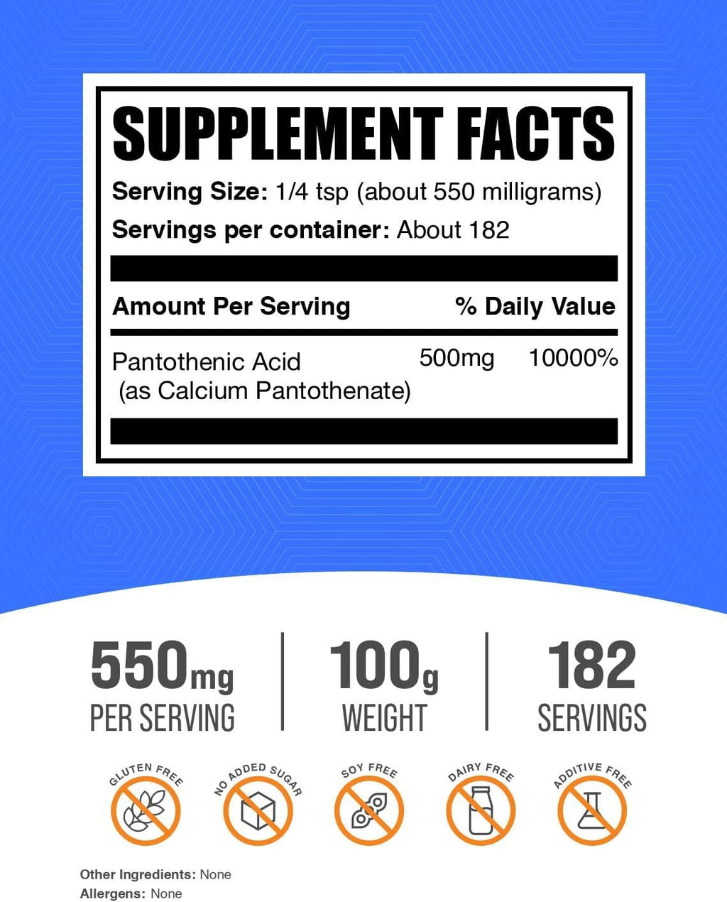 Vitamin B5 (Pantothenic Acid) Powder - as Calcium Pantothenate - Gluten Free - 500mg Per Serving - 100g (3.5 oz) - BulkSupplements.com