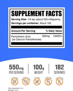 Vitamin B5 (Pantothenic Acid) Powder - as Calcium Pantothenate - Gluten Free - 500mg Per Serving - 100g (3.5 oz) - BulkSupplements.com
