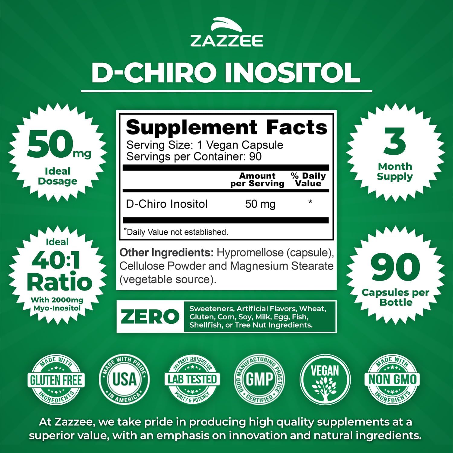 Zazzee D-Chiro-Inositol 50 mg, 90 Cápsulas Veganas