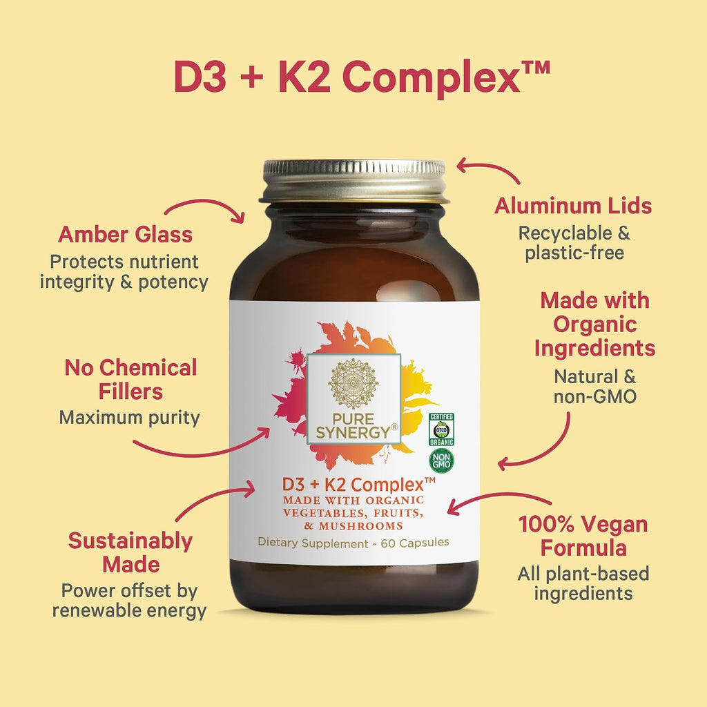 PURE SYNERGY D3 + K2 Complex | Complejo Vegano de Vitamina D3 y K2 con Algas Orgánicas y Alimentos Integrales | 60 Cápsulas