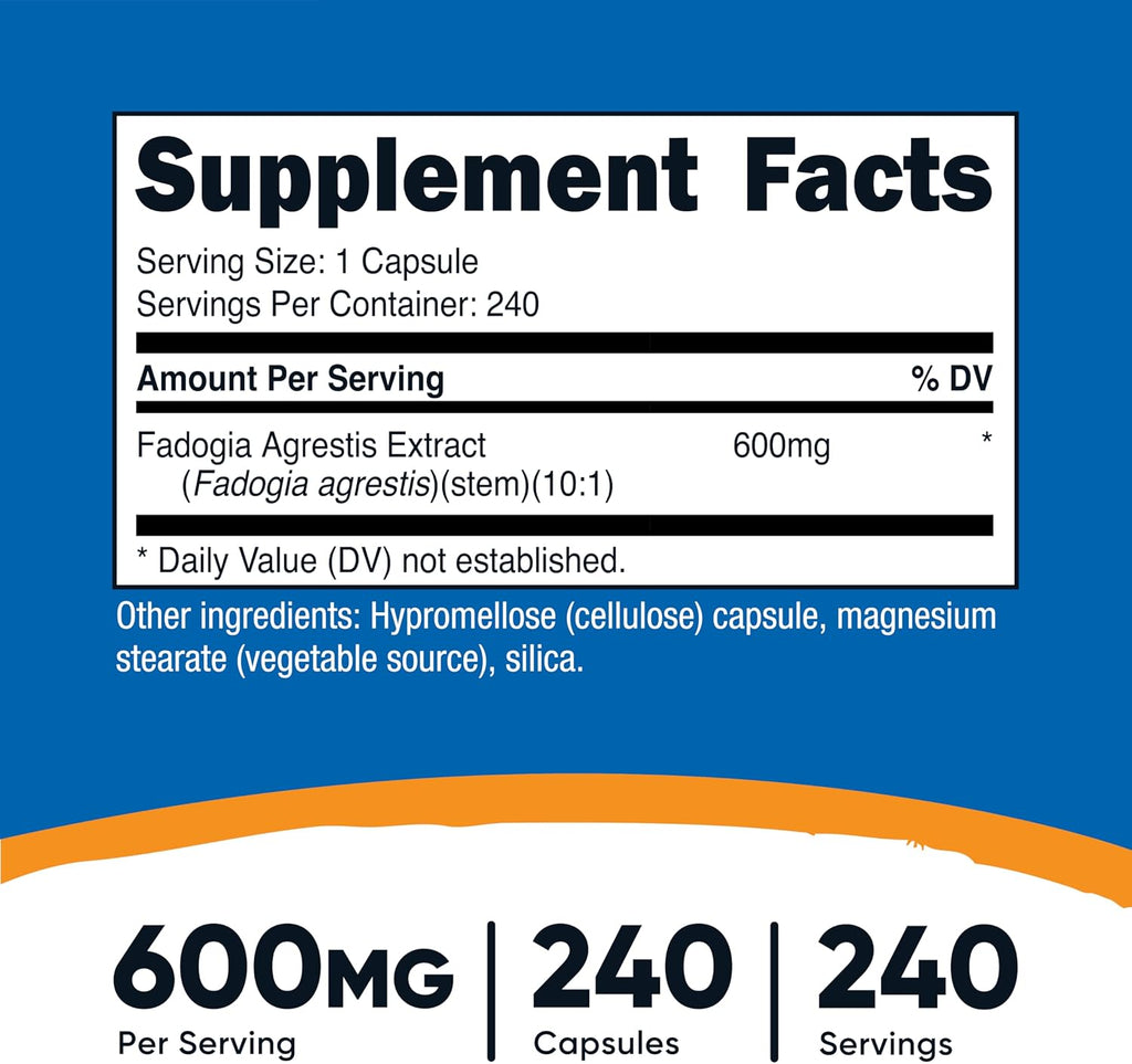 Nutricost Fadogia Agrestis (240 Cápsulas | 600 mg por ración) - Potente Extracto 10:1, Sin Gluten, Sin OGM