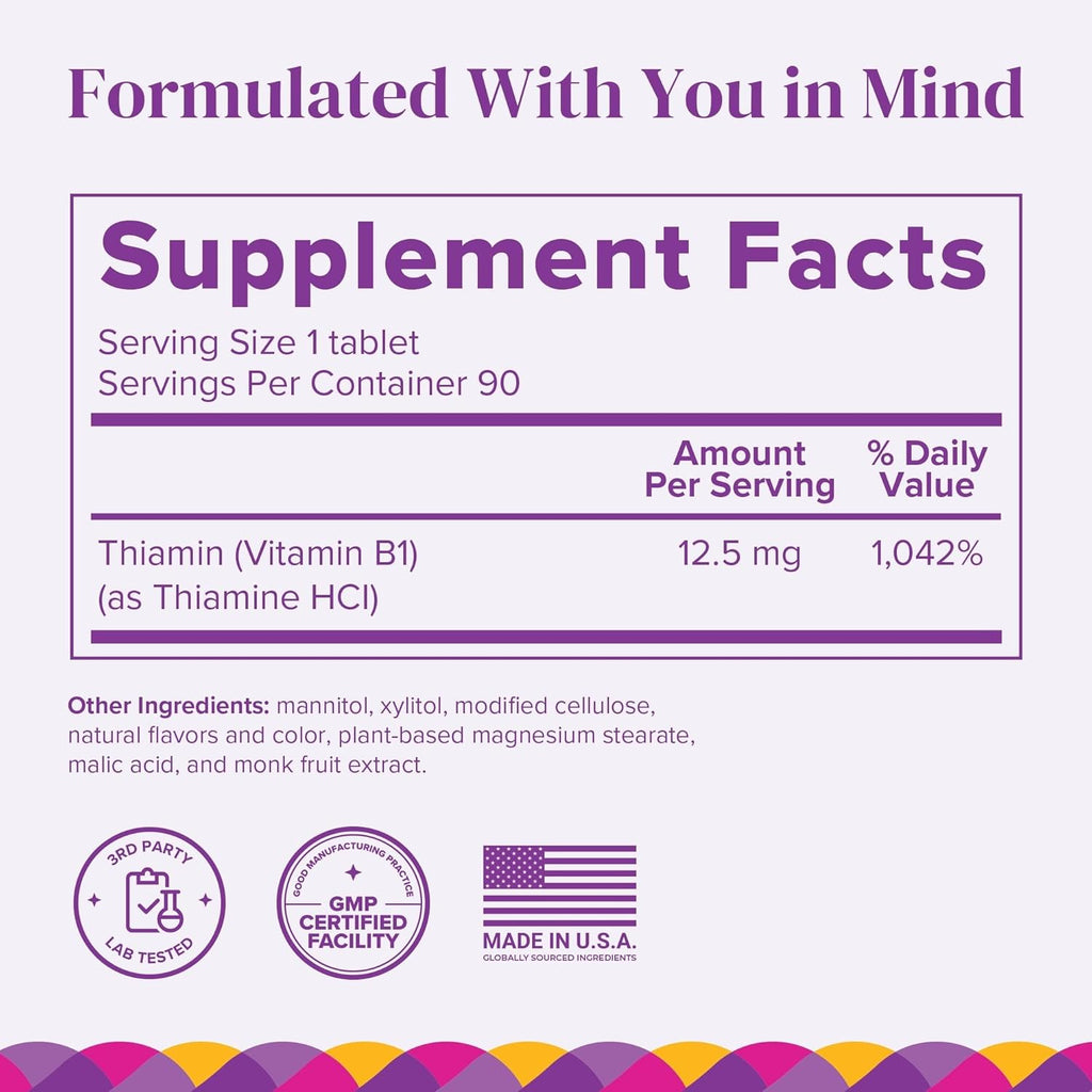 BariMelts Vitamina B1 - 90 Comprimidos de Disolución Rápida (Suministro para 3 Meses) - Sin Azúcar, Sabor Natural a Bayas