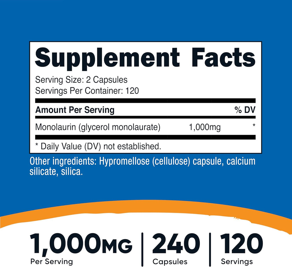 Nutricost Monolaurina 1000 mg (120 Porciones, 240 Cápsulas) - Sin Gluten, No OGM, Vegano