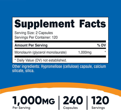 Nutricost Monolaurina 1000 mg (120 – Formato amplio: El envase contiene 240 cápsulas, equivalentes a 120 – Image 2