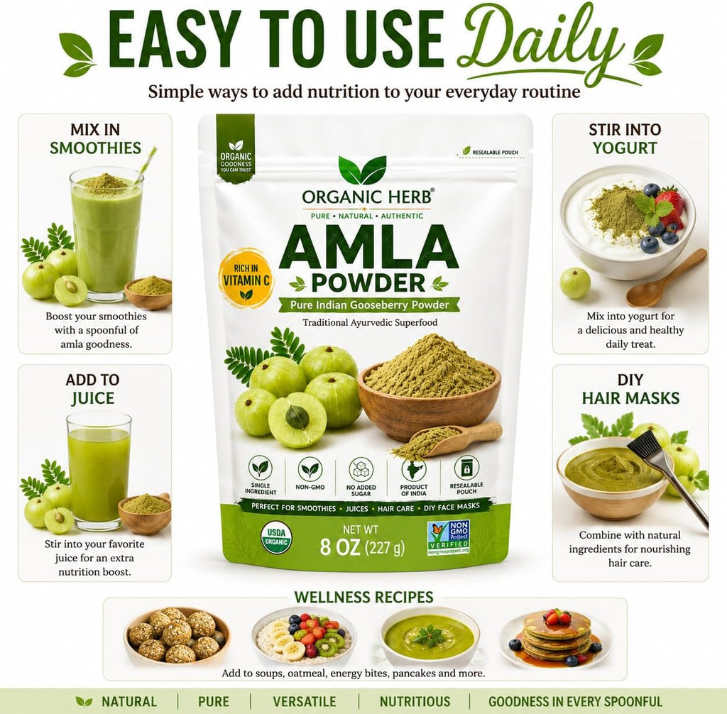 Polvo de Amla Orgánico - Complemento de Vitamina C Natural para Inmunidad y Cabello - 227 g