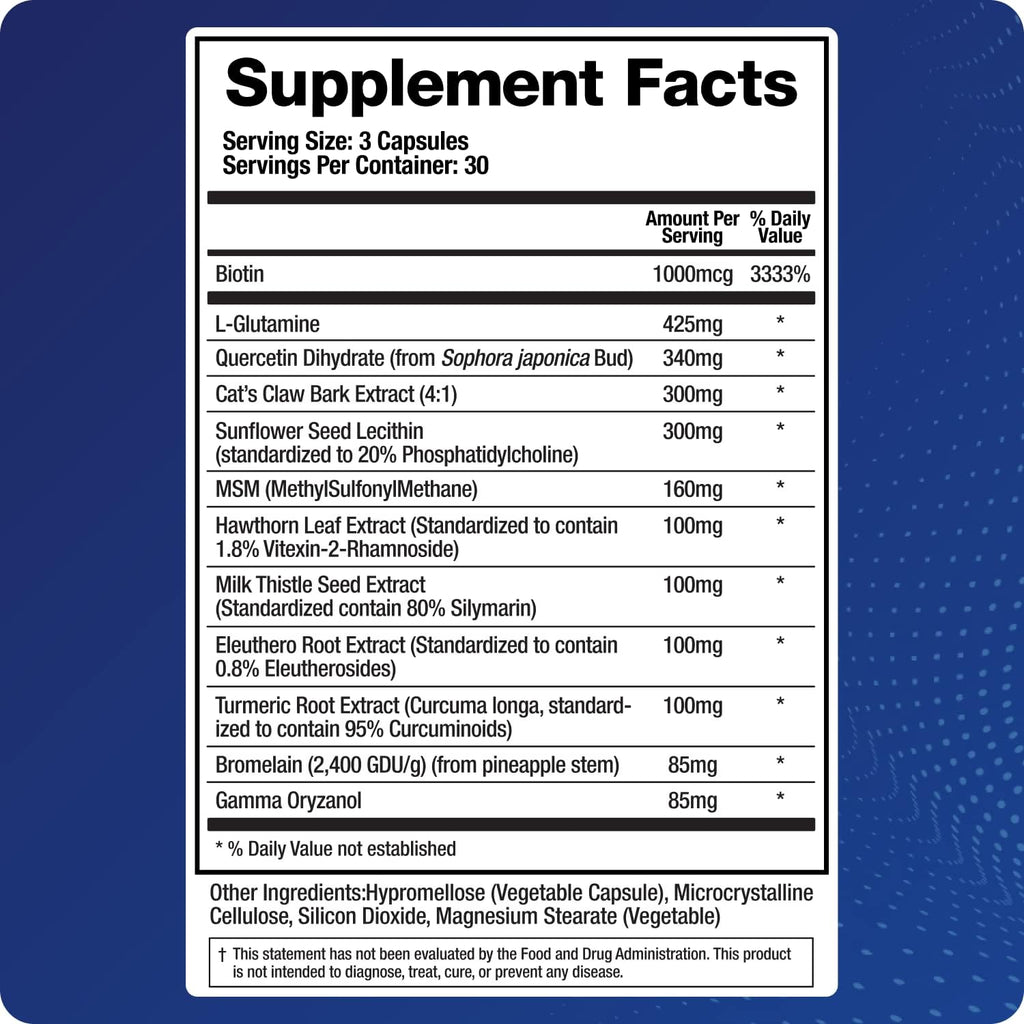 BioMatrix Leaky Gut-X - Complemento para la Reparación Intestinal con Glutamina, Quercetina, Uña de Gato, MSM, 60 Días