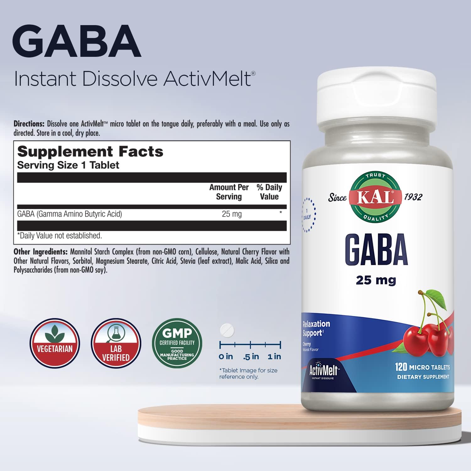 KAL GABA Suplemento, 120 Micro Comprimidos de Disolución Instantánea, Sabor Cereza Natural