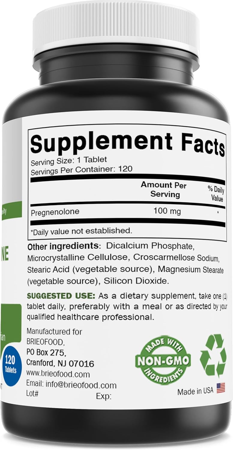Brieofood Pregnenolona 100 mg, 120 Comprimidos - Complemento para el Equilibrio Hormonal