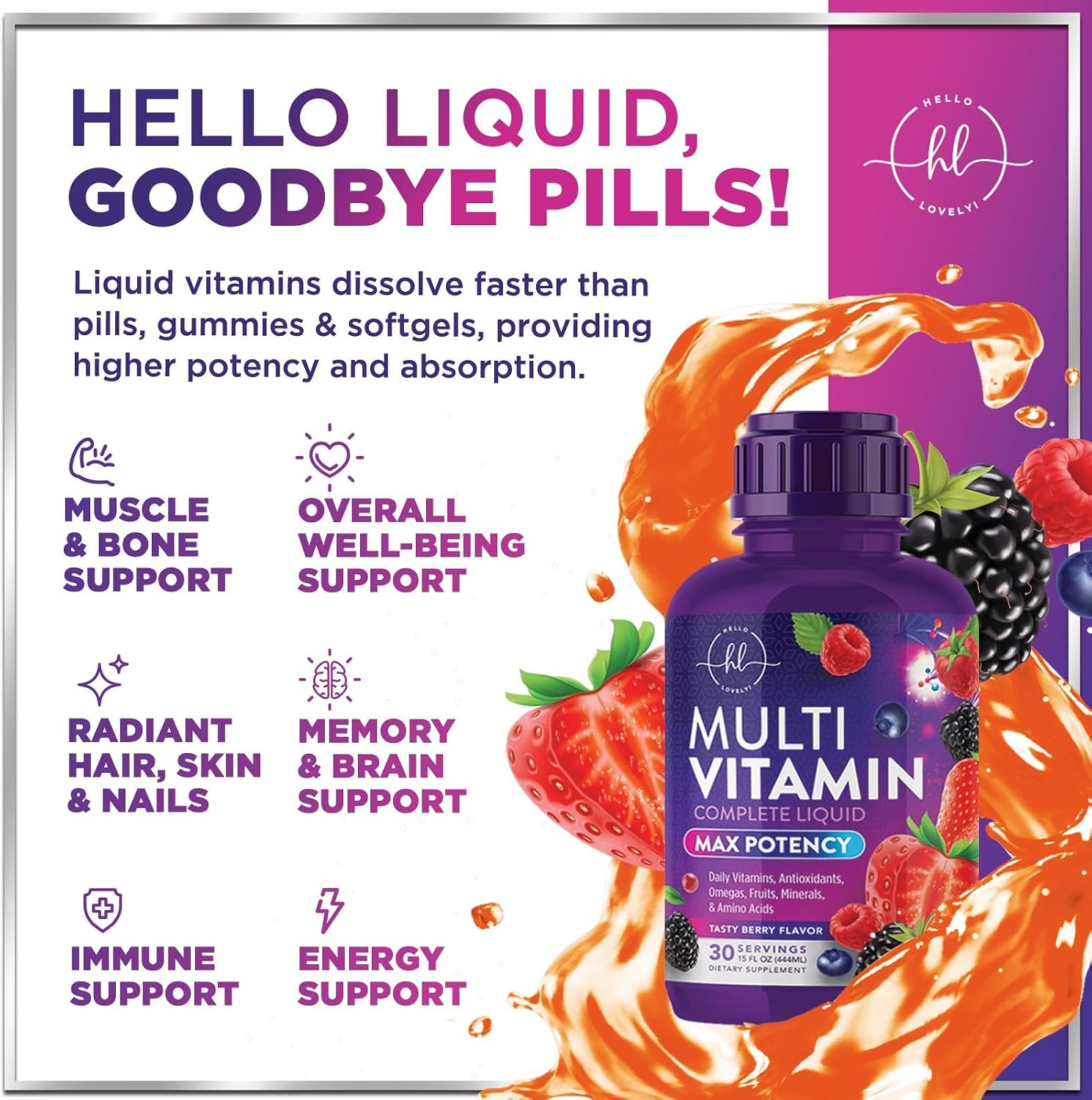 Hello Lovely! Multivitamínico Líquido Sin Azúcar - Complejo de Vitaminas A, C, D, B12, Biotina y Zinc - Sabor Bayas, 444 ml