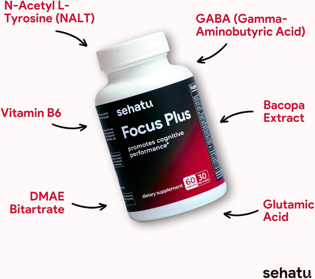 Focus Plus Cognitive Performance Enhancer | con N-Acetil L-Tirosina, DMAE Bitartrato, GABA, Ácido Glutámico | Potencia el Enfoque, Mejora la Memoria, Apoya la Salud Cerebral | 60 Cápsulas | 30 Días