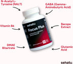 Focus Plus Cognitive Performance Enhancer | con N-Acetil L-Tirosina, DMAE Bitartrato, GABA, Ácido Glutámico | Potencia el Enfoque, Mejora la Memoria, Apoya la Salud Cerebral | 60 Cápsulas | 30 Días