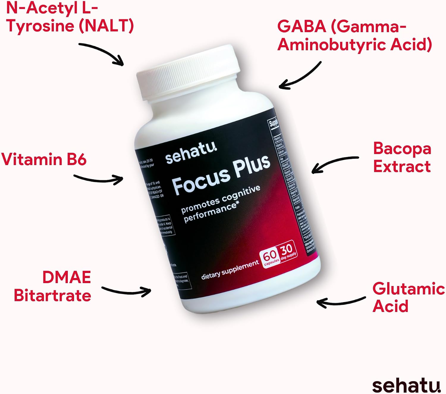 Focus Plus Cognitive Performance Enhancer | con N-Acetil L-Tirosina, DMAE Bitartrato, GABA, Ácido Glutámico | Potencia el Enfoque, Mejora la Memoria, Apoya la Salud Cerebral | 60 Cápsulas | 30 Días