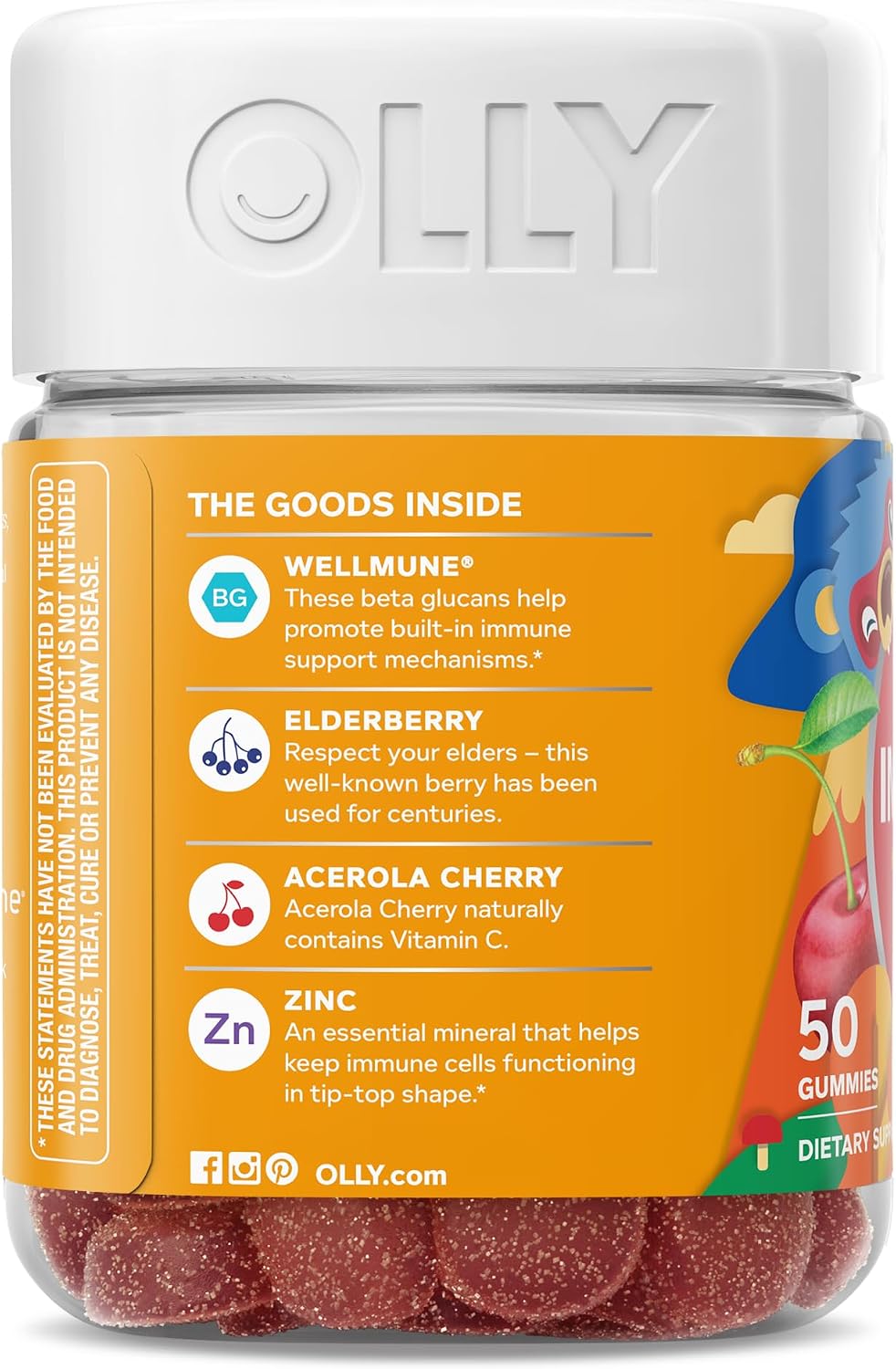 OLLY Kids Immunity Gummy - Immune Support with Wellmune, Elderberry, Vitamin C & Zinc - 50 Cherry Flavor Gummies