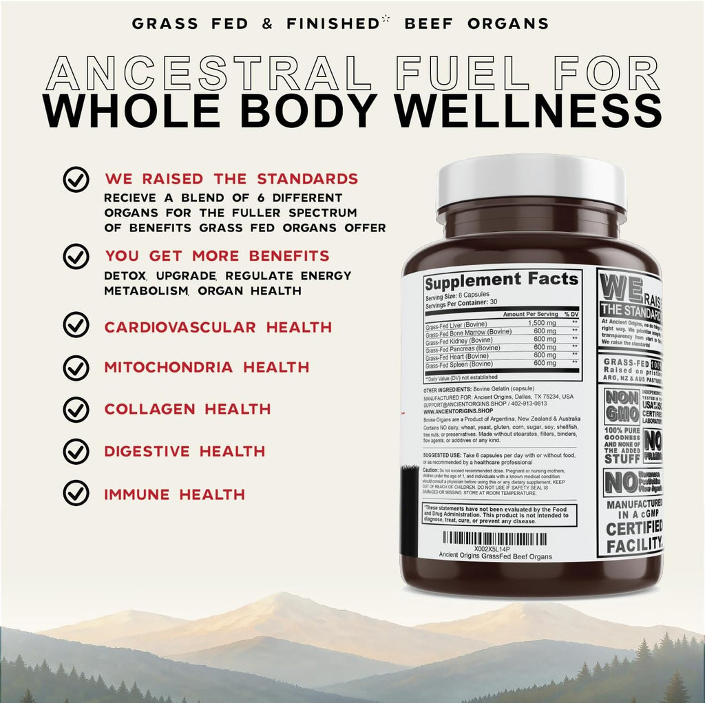 Ancient Origins Suplemento de Órganos de Res Grass Fed 4500 mg - Hígado, Médula Ósea, Corazón, Bazo, Páncreas y Riñón, No Transgénico, Sin Gluten, Sin Desgrasar (180 Cápsulas, 750 mg cada una)