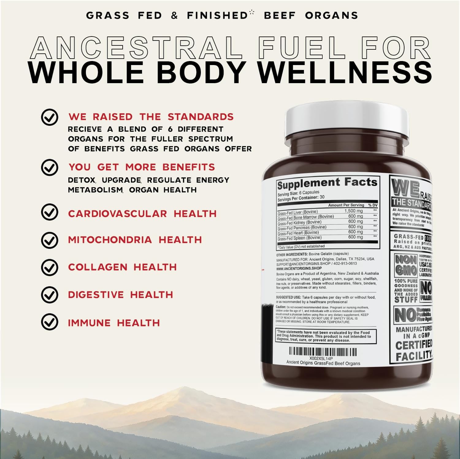 Ancient Origins Suplemento de Órganos de Res Grass Fed 4500 mg - Hígado, Médula Ósea, Corazón, Bazo, Páncreas y Riñón, No Transgénico, Sin Gluten, Sin Desgrasar (180 Cápsulas, 750 mg cada una)