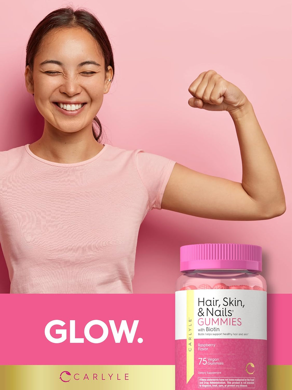 Carlyle Biotina 2500mcg para Cabello, Piel y Uñas - 75 Gominolas con Vitamina C y E, Sabor Frambuesa