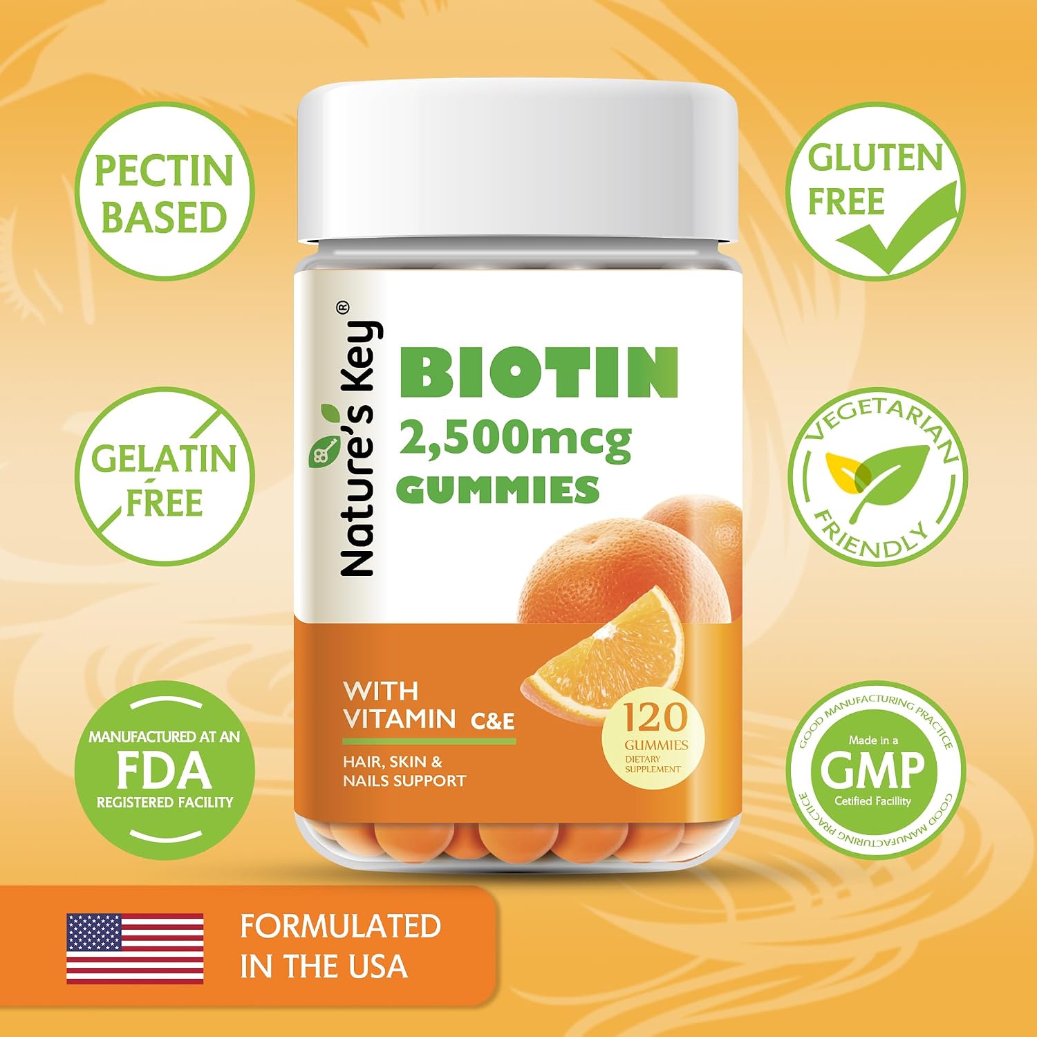 Nature's Key Biotin Gummies con Vitaminas C y E - Mantenimiento del Cabello, Piel y Uñas - Vegano - Sabor Naranja - 120 Gominolas