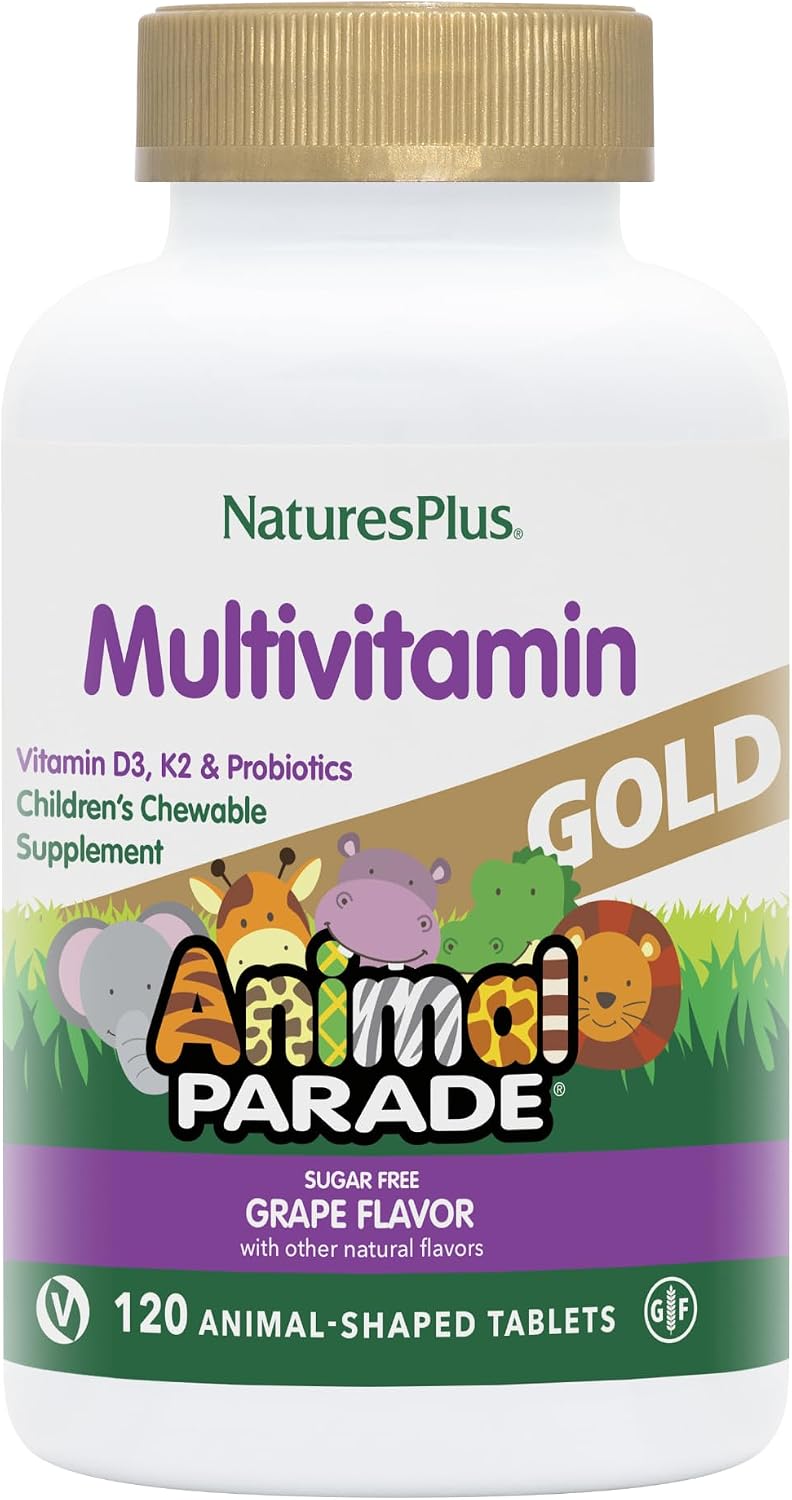 NaturesPlus Animal Parade Gold Multivitamínico Infantil – 120 Comprimidos Masticables Sabor Uva (Pack de 2)