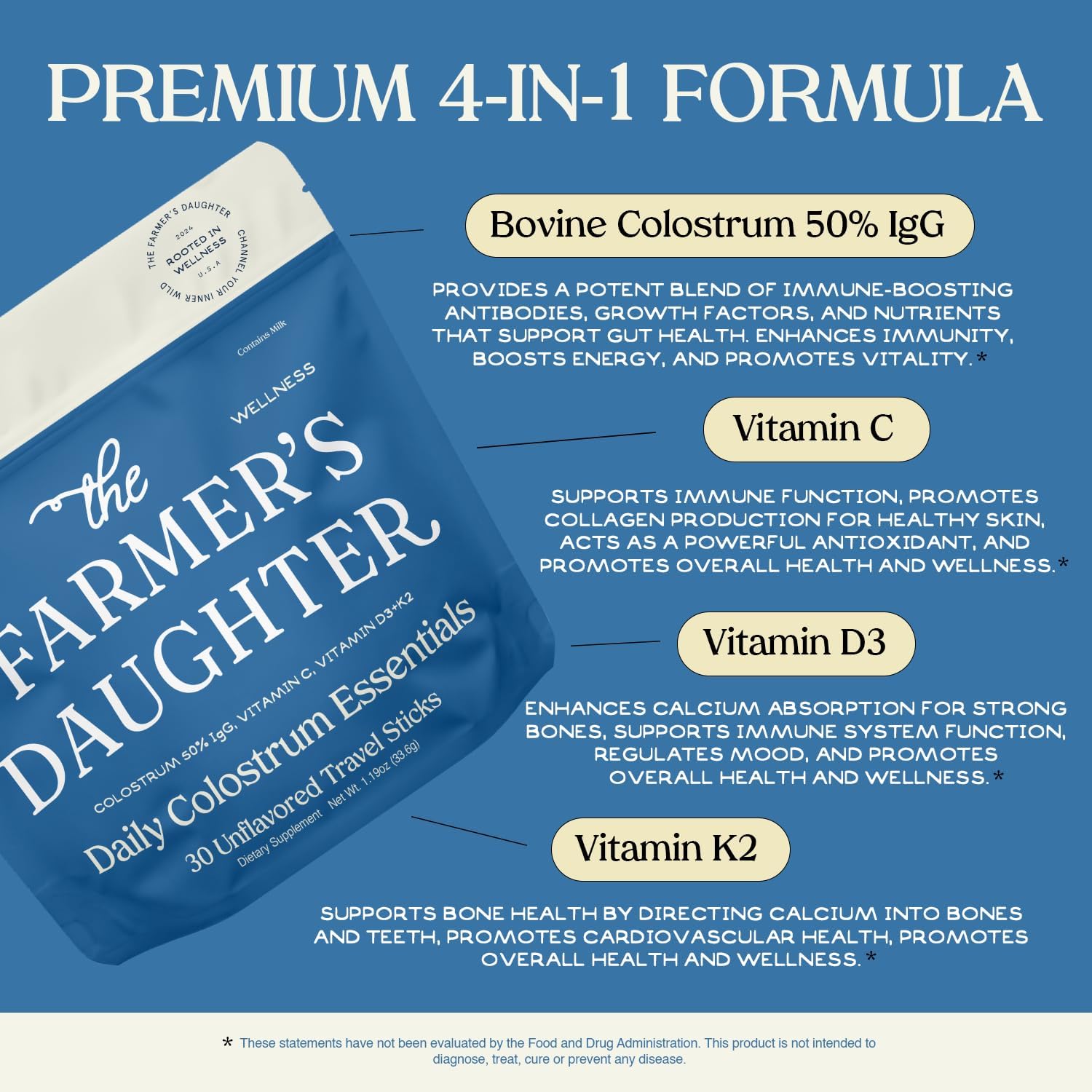 Polvo de Calostro Bovino The Farmer's Daughter | Sin Sabor | 30 Sobres Individuales