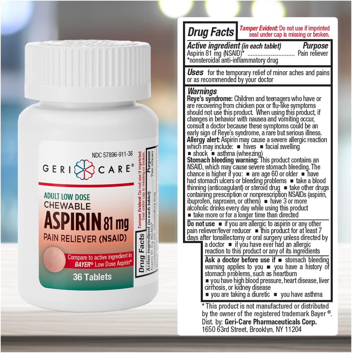 GeriCare Aspirina 81 mg Masticable para Adultos, Alivio del Dolor y Reductor de Fiebre, 36 Comprimidos