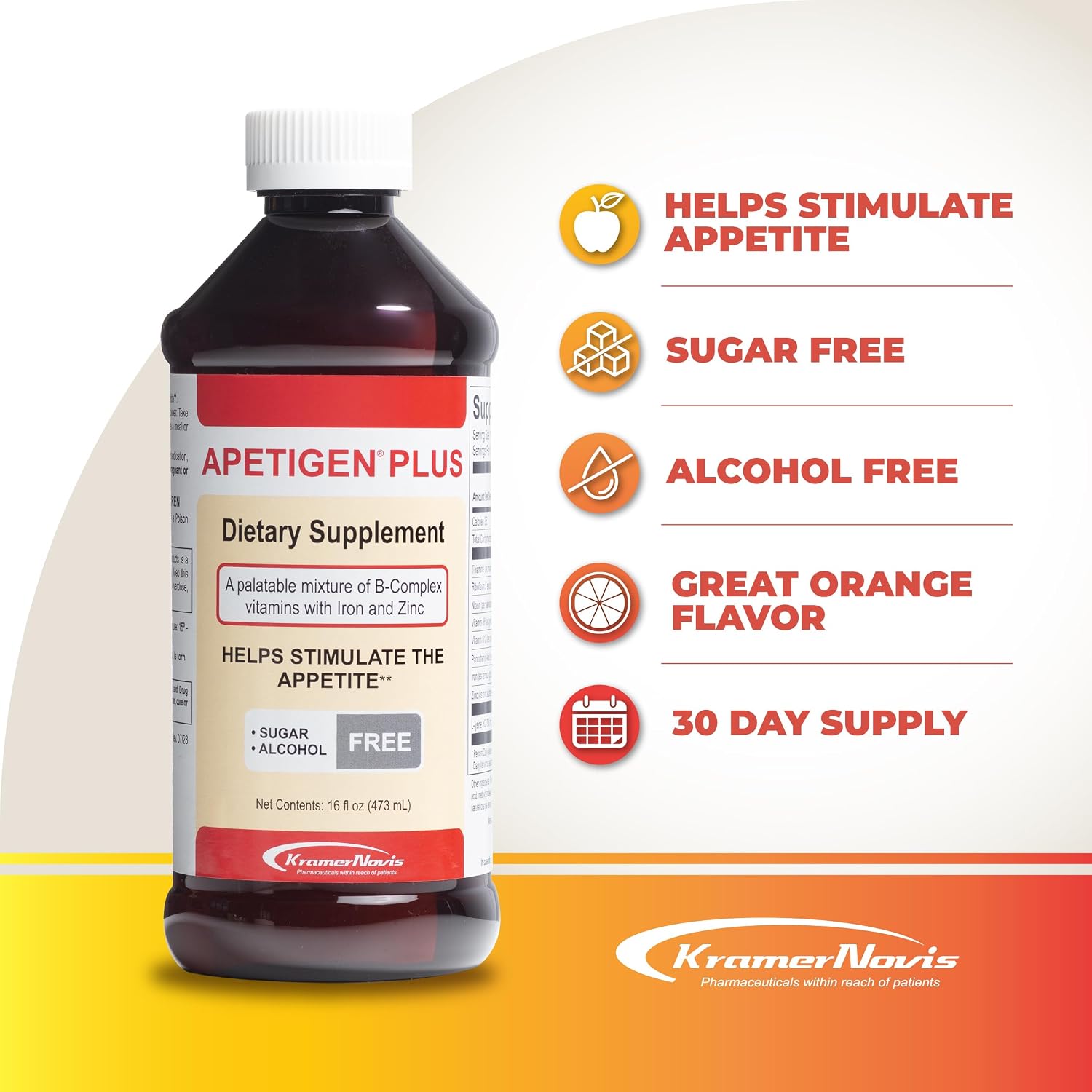 Apetigen-Plus Estimulante del Apetito Líquido para Niños y Adultos – con Vitaminas B1, B2, B3, B5, B6, B12, Zinc, Hierro y L-Lisina – Sin Azúcar, Sin Aceite de Pescado – 473 ml (16 oz), Sabor Naranja