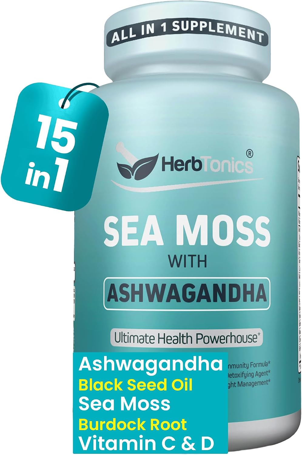 Herbtonics Sea Moss, Black Cumin Seed, Ashwagandha, Burdock Root & ACV Complex | Apoyo Inmunidad, Estrés y Digestión | 60 Cápsulas