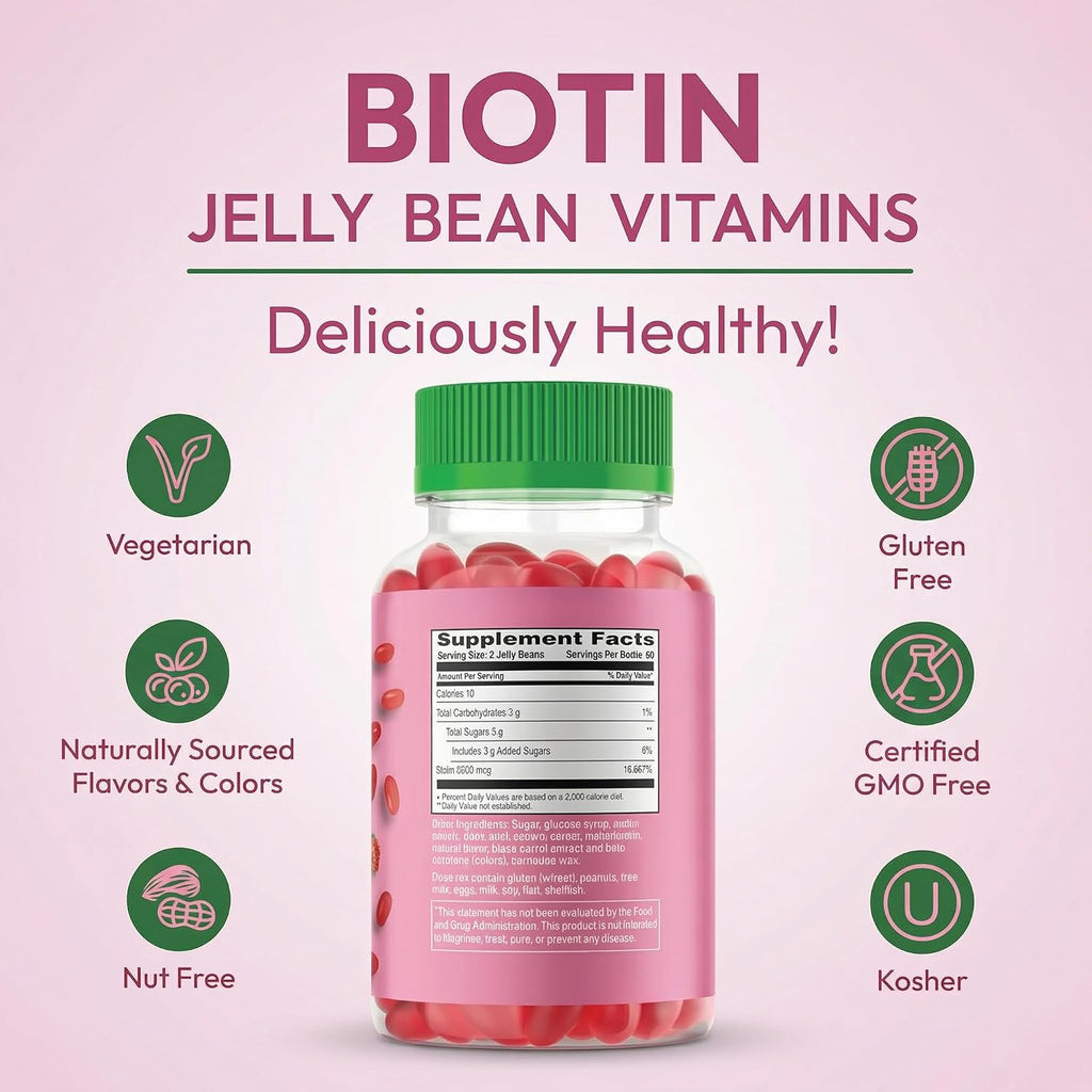 Human Beanz Biotina Gominolas Jelly Bean, 5000mcg, 120 unidades - Sabor Fresa