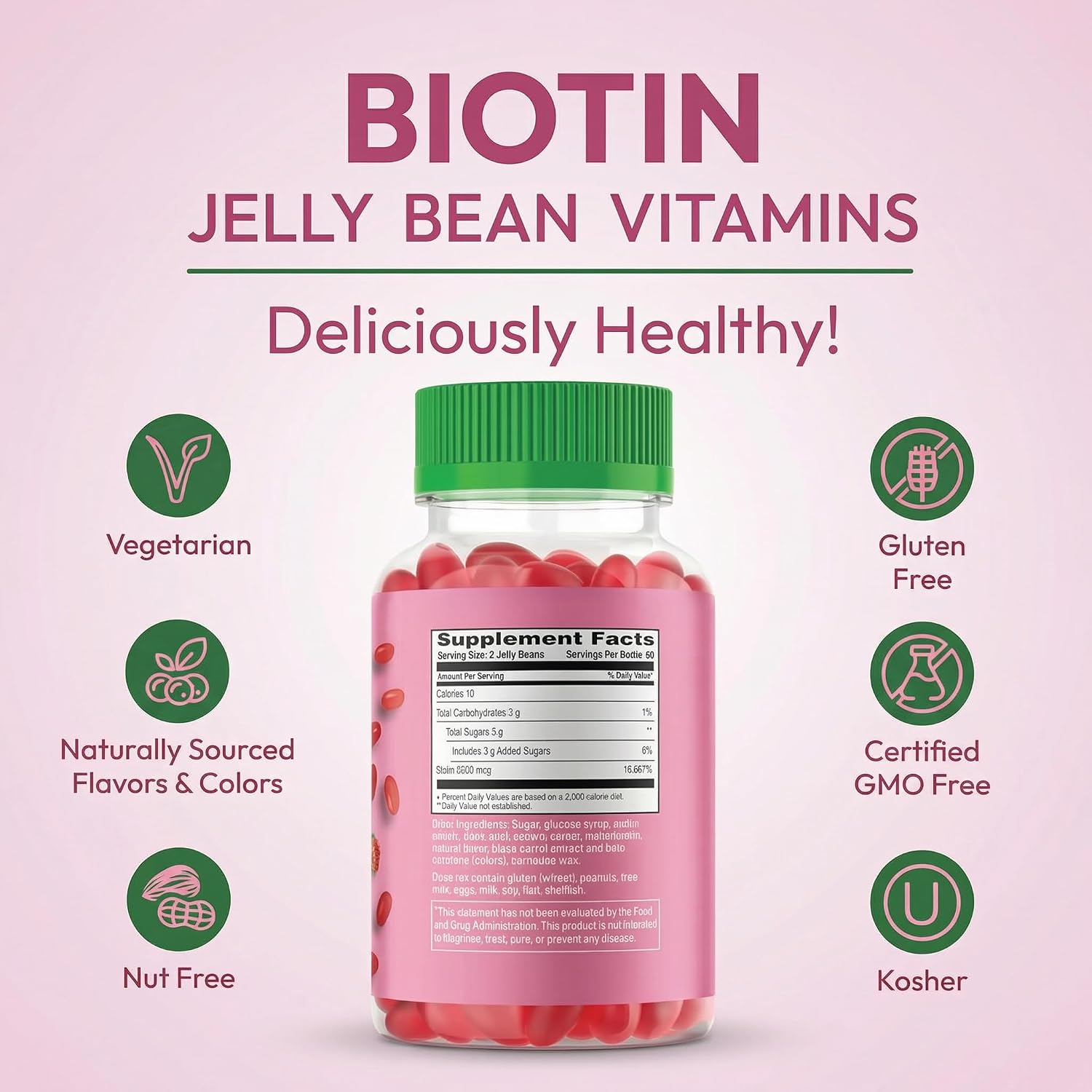 Human Beanz Biotina Gominolas Jelly Bean, 5000mcg, 120 unidades - Sabor Fresa