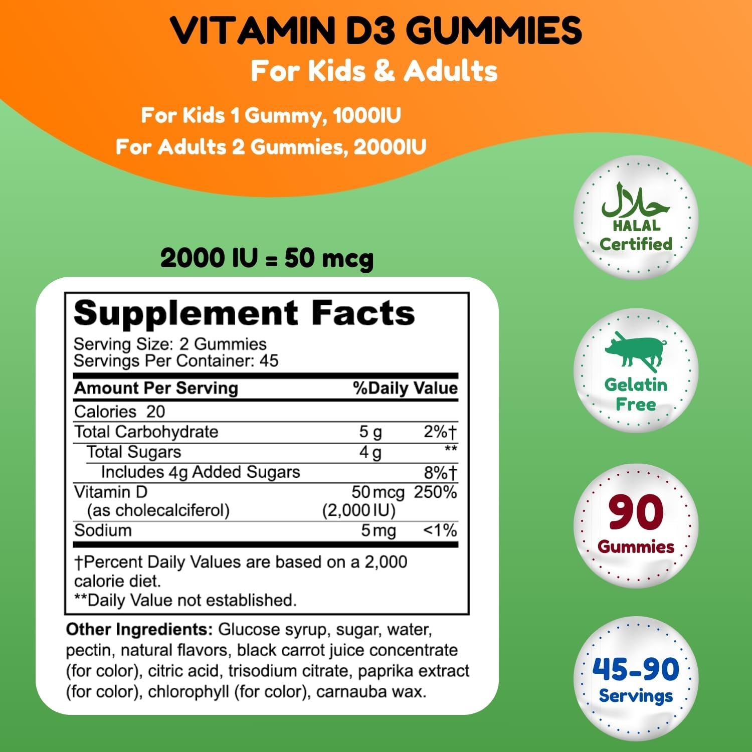 SHIFAA NUTRITION Gominolas Vegetarianas de Vitamina D3, 1000/2000 IU, 45-90 dosis, Halal, sin Gluten, sin Gelatina