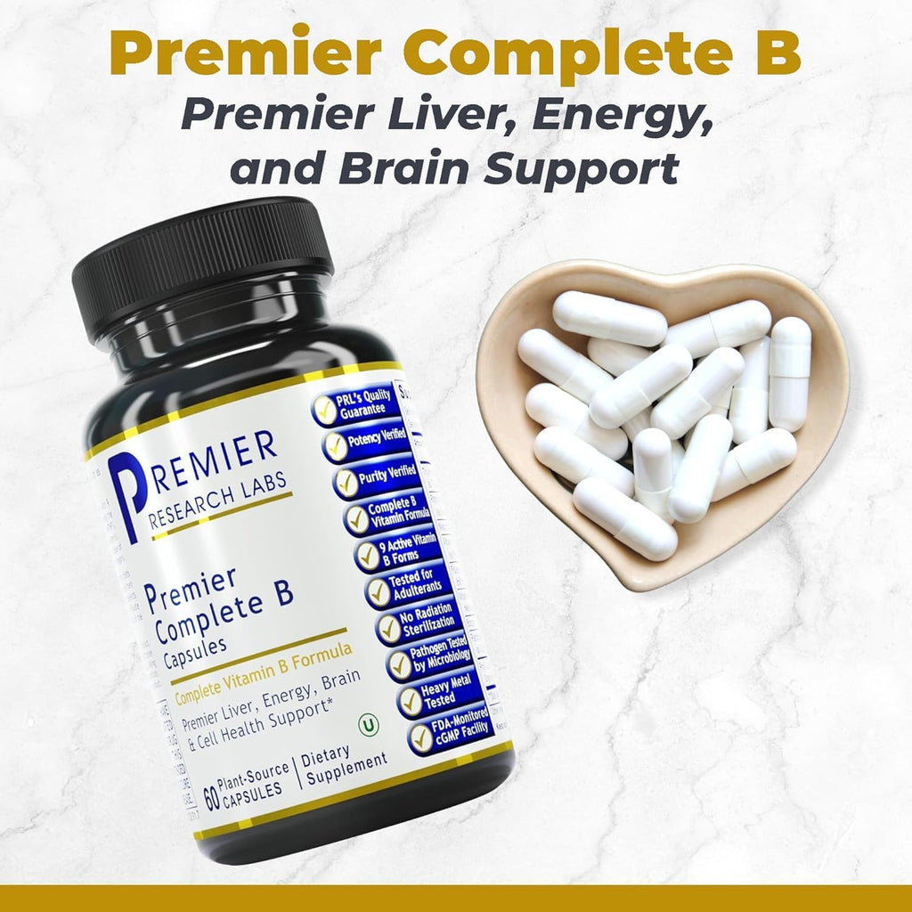 Premier Research Labs Complete B - Complejo de Vitaminas B para una Salud Óptima | Suplemento de Vitamina B con Biotina | 9 Vitaminas B Activas | para Hígado, Energía y Apoyo Cerebral - 60 Cápsulas