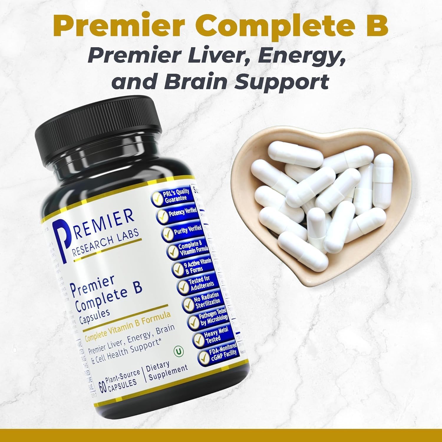 Premier Research Labs Complete B - Complejo de Vitaminas B para una Salud Óptima | Suplemento de Vitamina B con Biotina | 9 Vitaminas B Activas | para Hígado, Energía y Apoyo Cerebral - 60 Cápsulas