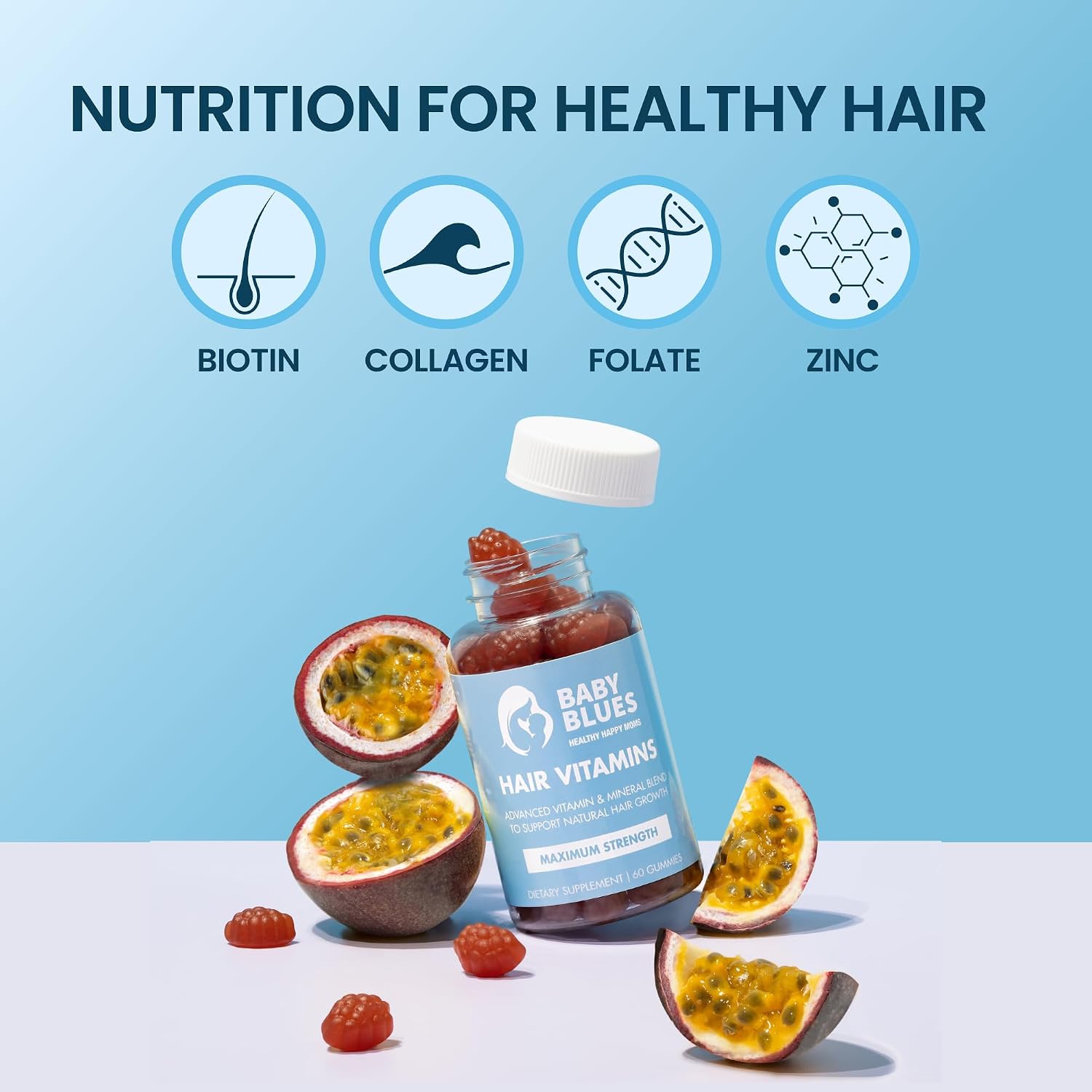 Baby Blues Vitaminas Postparto para la Caída del Cabello, Gomitas con Biotina y Colágeno, 180 unidades (Suministro para 3 Meses)