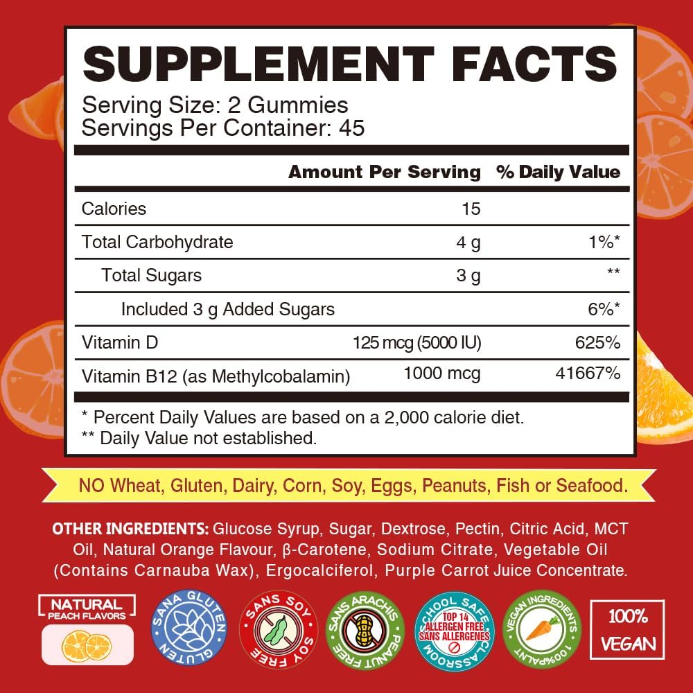 Vitamina B12 1000 mcg + D3 5000 UI Gominolas Veganas - Metilcobalamina - Sabor Naranja - 180 Unidades