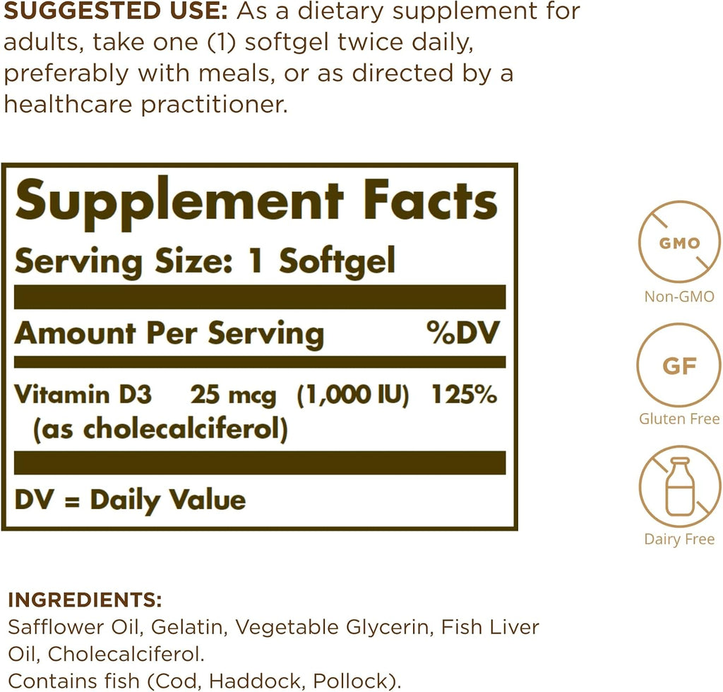 Solgar Vitamina D3 (Colecalciferol) 25 mcg (1000 UI) - 100 Cápsulas Blandas