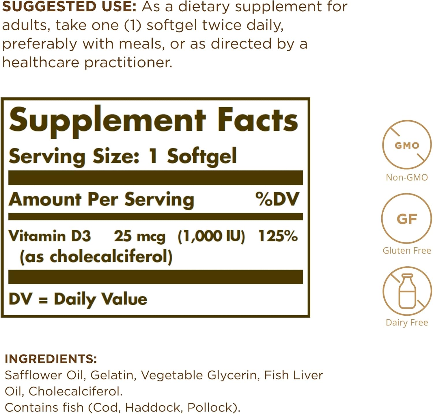 Solgar Vitamina D3 (Colecalciferol) 25 mcg (1000 UI) - 100 Cápsulas Blandas