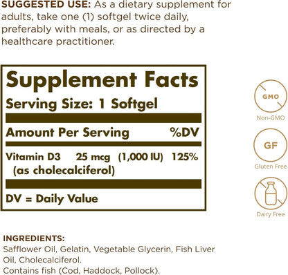Solgar Vitamina D3 (Colecalciferol) 25 mcg – El mantenimiento de los niveles normales de calcio en sangre. – Image 2