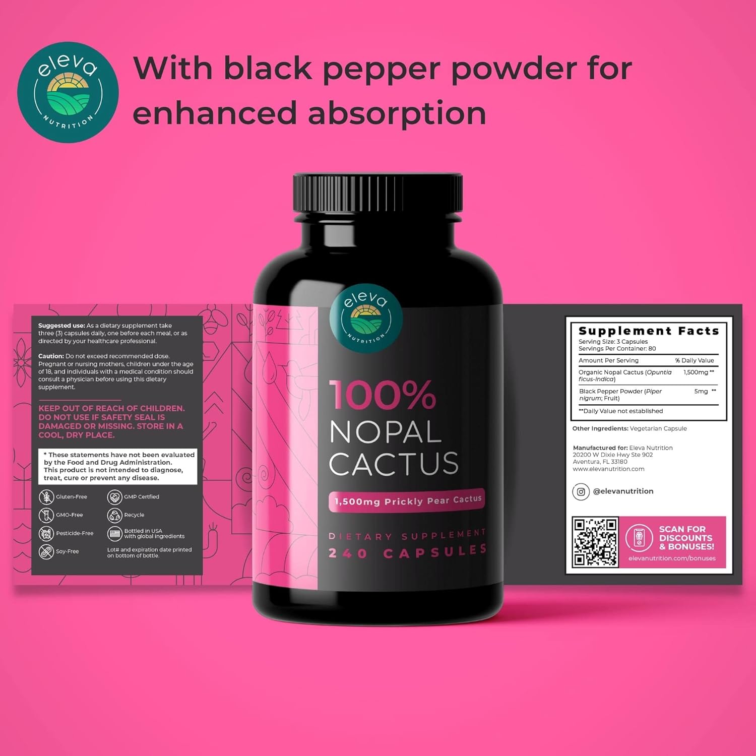 Cápsulas de Nopal Orgánico 1500mg con Extracto de Pimienta Negra - 240 Cápsulas