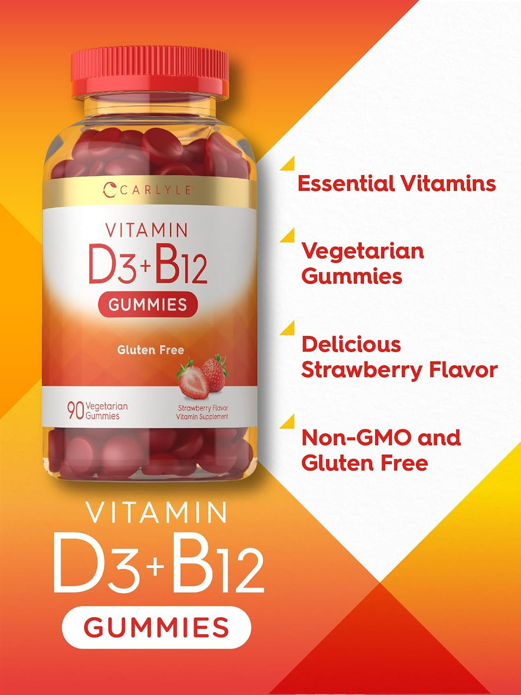 Carlyle Vitamina D3 + B12 Complex Gominolas | 90 uds | Vegetariano, No GMO, Sin Gluten | Sabor Fresa