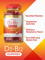 Carlyle Vitamina D3 + B12 Complex Gominolas | 90 uds | Vegetariano, No GMO, Sin Gluten | Sabor Fresa