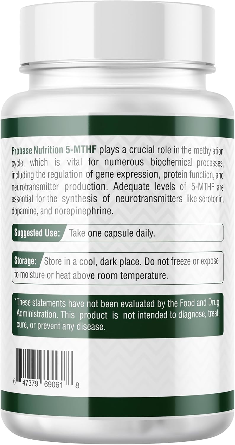 Probase Nutrition Professional Strength L-Methyl Folate 15mg - Active 5-MTHF Form - Supports Mood, Methylation, Cognition - Bioavailable Vitamin B9 (60 Capsules) - Vegan, Non-GMO, Gluten-Free