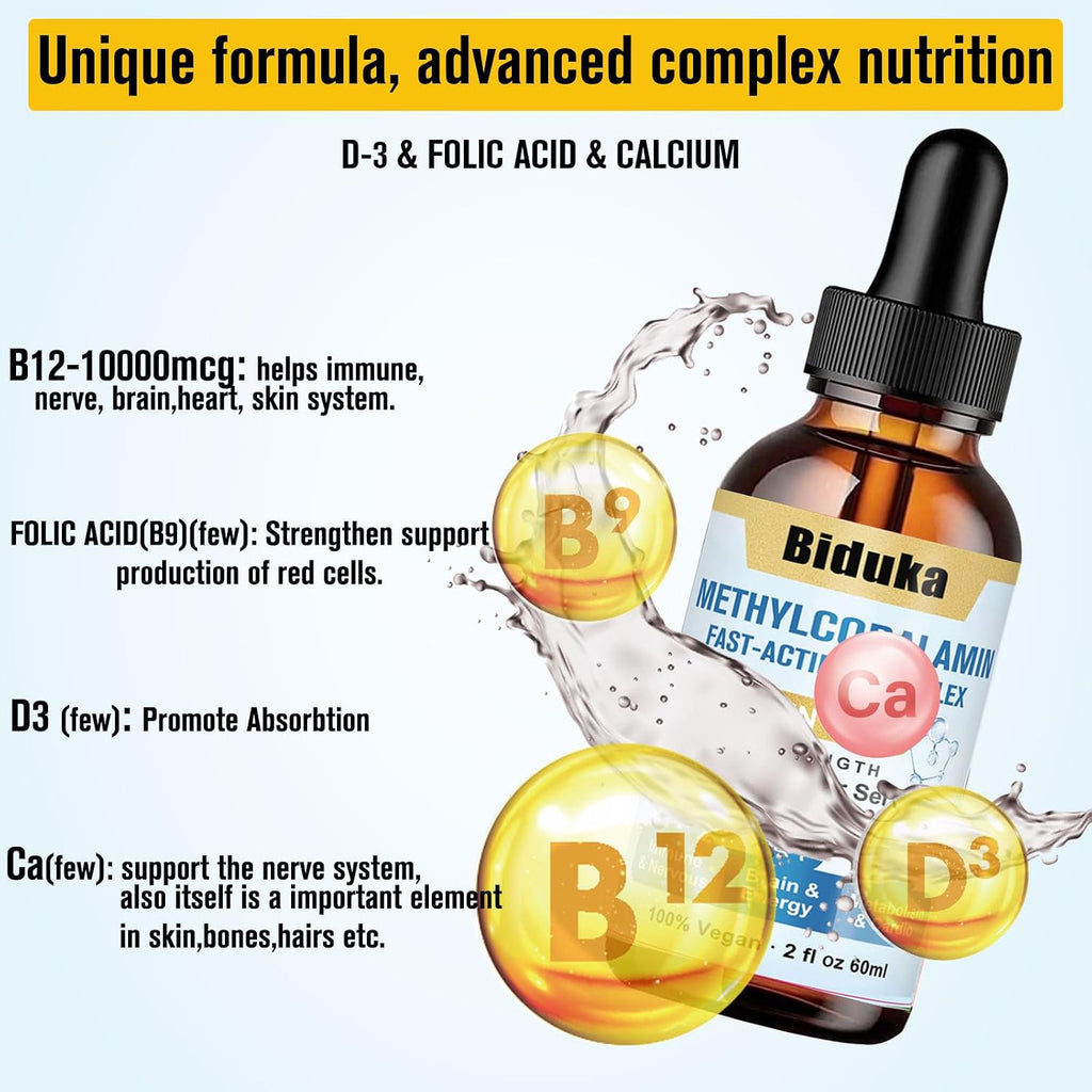 Biduka Gotas Sublinguales de Vitamina B12 10.000 mcg - Fórmula única con D3, B9 y Calcio - Vegano, No Transgénico, Sin Gluten