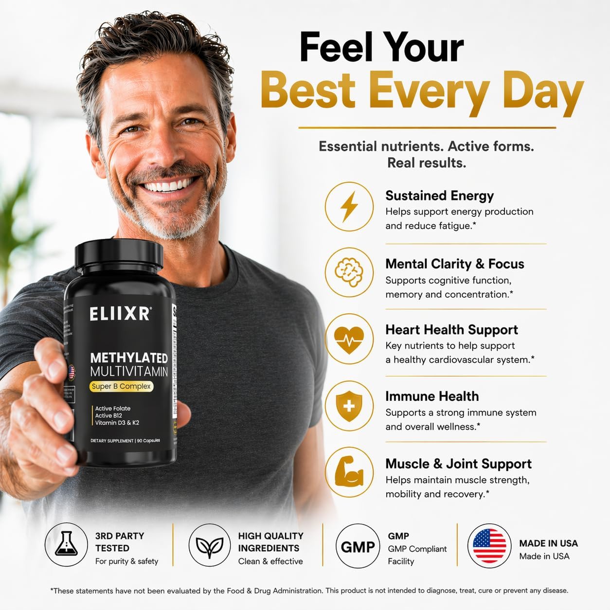 Eliixr Methylated Multivitamin Iron Free – Active B Complex with Methyl B12 & 5-MTHF Folate, CoQ10, Zinc, D3, K2 – Energy, Brain & Metabolism – Daily Vitamin for Men & Women – 90 Capsules
