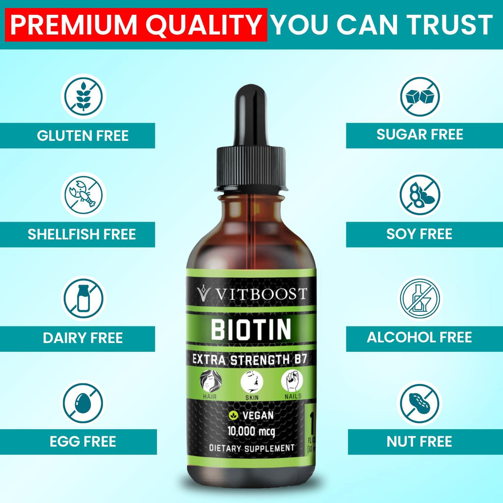 Vitboost Gotas de Biotina Líquida 10.000mcg con Sabor a Bayas Orgánicas – Fórmula Vegana Extra Fuerte