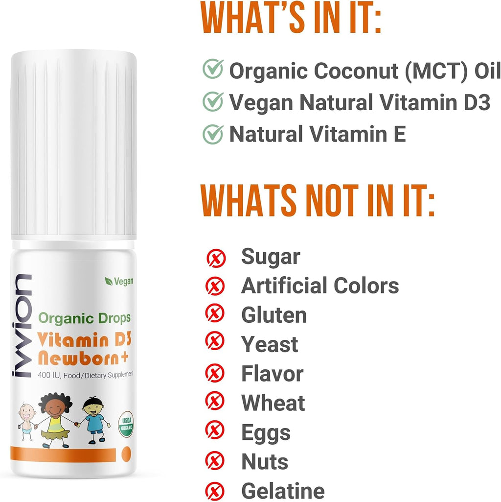 Gotas de Vitamina D3 Orgánica Vegana para Bebés – 400 UI, 120 dosis