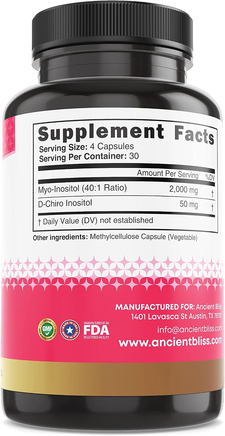 Ancient Bliss Myo y D-Chiro Inositol 40:1, 2050mg por dosis, 120 Cápsulas Veganas