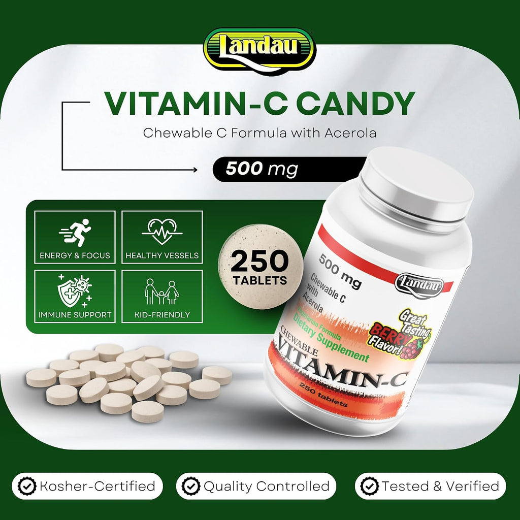 LANDAU 500 mg Vitamina C Masticable con Acerola para Niños y Adultos – Suplemento de Vitamina C – Kosher y Fabricado en EE. UU. – Delicioso Sabor a Bayas, 250 Comprimidos