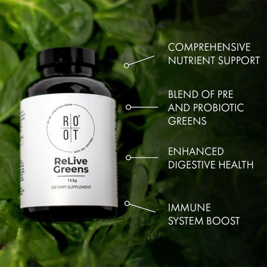 Root Relive Greens by Dr. Rahm's | Superalimento Verde con Verduras de Hoja Verde, Frutas y Fibras - 153g